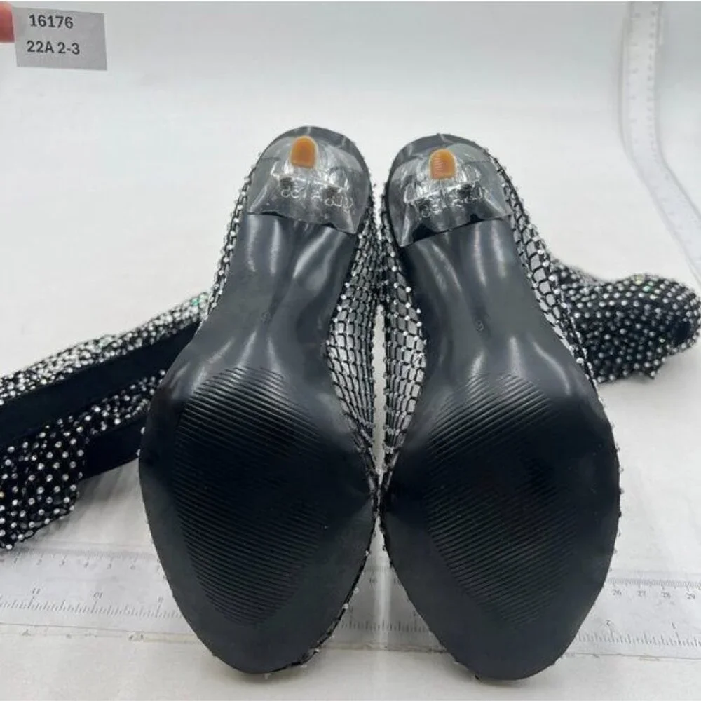 XYD Black Eyelet Sparkly Rhinestones Pointed Toe Crystal Heel Over the Knee Boot